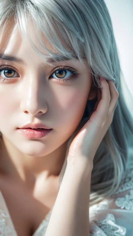(Surreal), (figure), (High resolution), (8K), (Very detailed), (best figure), (Detailed and beautiful eyes), (highest quality), (Super detailed), (masterpiece), ( wallpaper), (Detailed face), alone, 1 girl, Wavy white hair, Korean, Different Eyes, Long legs, Toned Abs, 