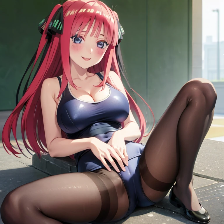 best quality, ultra-detailed masterpiece, anime art style, cute characters, nino nakano, one-piece swimsuit, large breasts, pantyhose, blush, smile, pussy focus