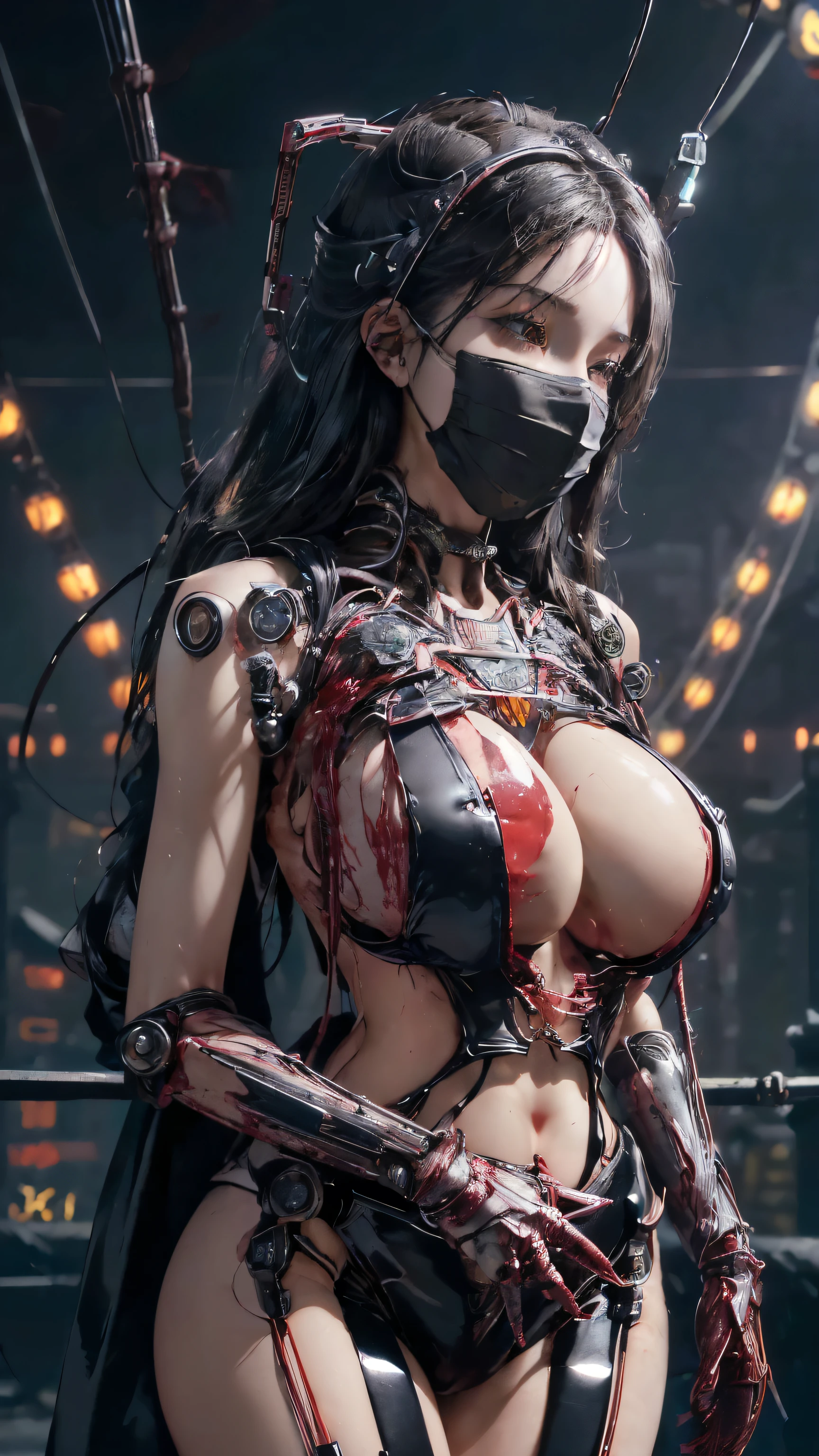 (((Masterpiece))), ((Best Quality)), (Super Detail), (CG Illustration), (Very Evil and Beautiful)), Cinematic Light, ((1 Mechanical Girl)), Single, (Mechanical Art: 1.4), ((Mechanical limb)), (Blood vessel attached to a tube), ((Mechanical spine attached to the back)), ((Mechanical cervical vertebrae attached to the neck), expressionless, ( Wires and cables attached to the head and body: 1.5), Science Fiction, Apocalypse, Ruins, (Lower Body Integrated with Mechanical Devices), (Blood: 1.5), Cruelty, Absurdity, Eroticism, Fusion with Machines, Doomsday Time, Super Future, Inorganic, Laboratory, Restraint, (Beautiful Indulgence: 1.2), (1 Girl: 1.1), Body Wrapped Around Mechanical Tentacles, ((big boobies)), long black hair, big on focus, ((balck latex brassiere)), (((wearing a mask))), ((fullbody))