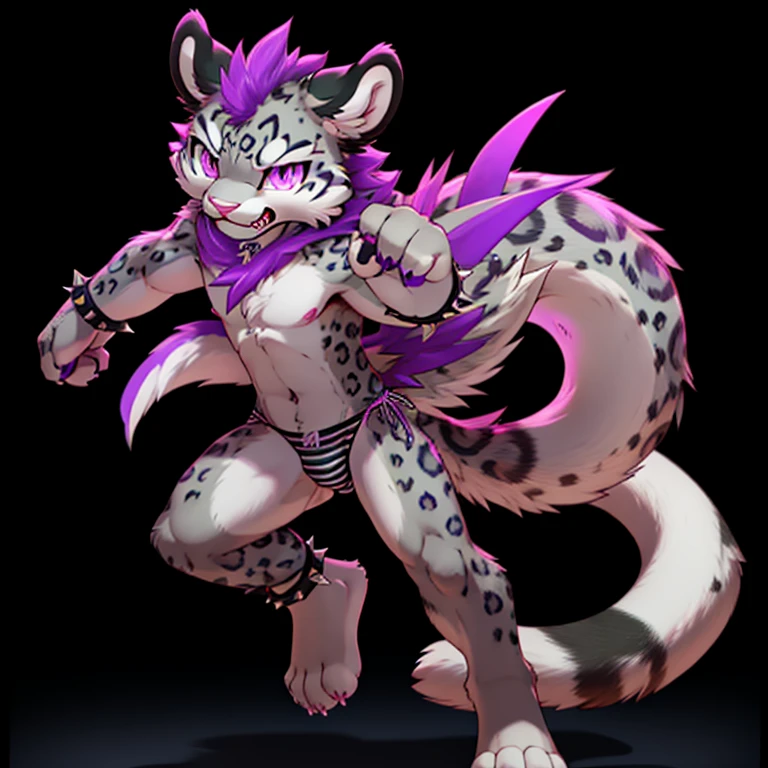 Anthropomorphic male snow leopard, with purple eyes, pink nose, 4 black ears, purple spikes on back, purple horns, with a red third eye, wearing panties, full body view, in a fighting pose, ready to fight, with an angry, black background, digital art, solo, different views, with spiked tail, growling, looking at viewer, panties bulge.
