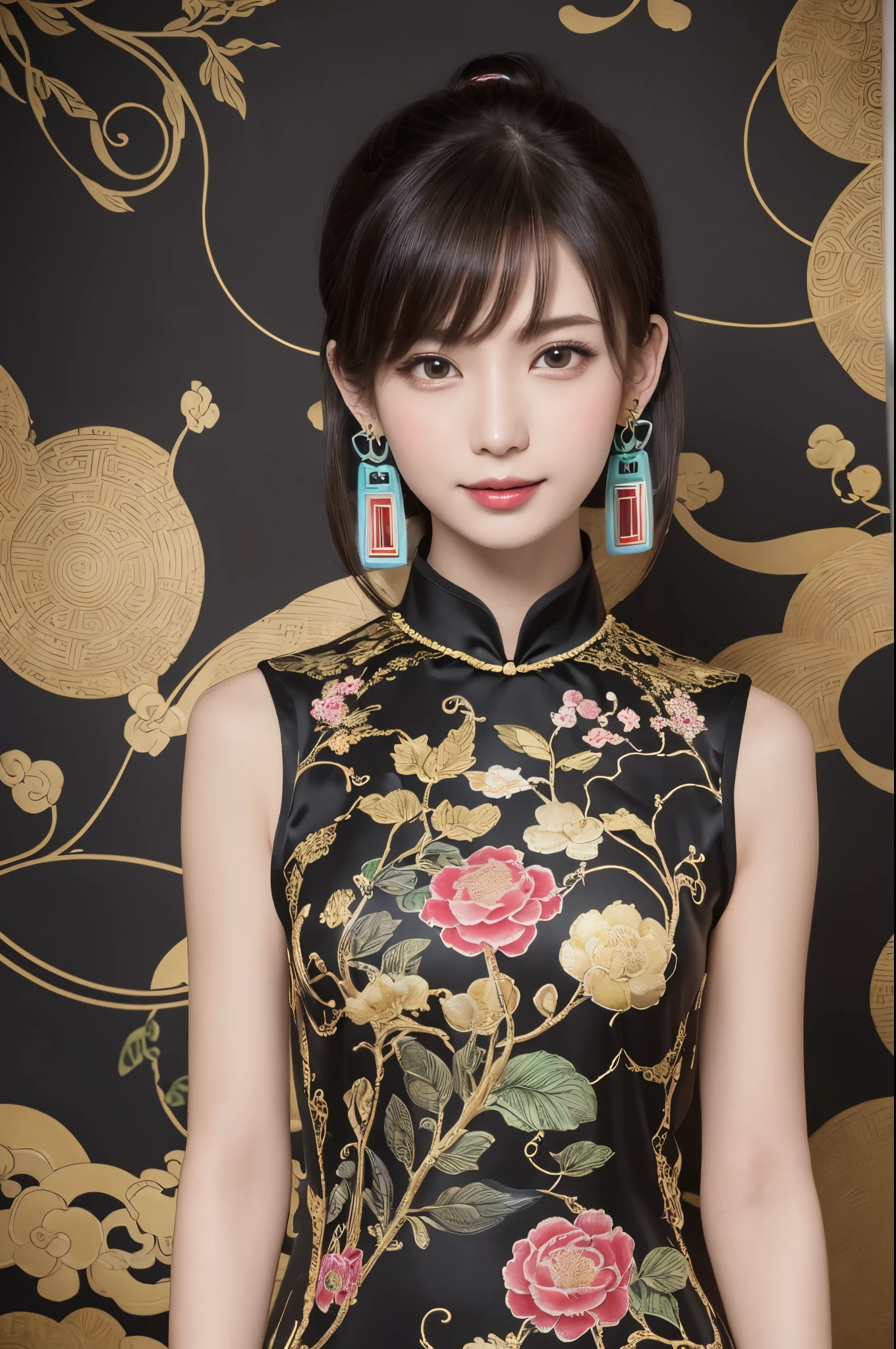 (masterpiece, top quality, best quality, official art, beautiful and aesthetic:1.2), (1girl:1.3), extremely detailed,(fractal art:1.1),(colorful:1.1)(flowers:1.3),highest detailed,(zentangle:1.2), (randam dynamic model pose), (abstract background:1.3), (black chinese dress:1.4), (shiny skin), (many colors:1.4), ,(earrings:1.4),big eyes,(realistic sprited away yubaba:1.3),smile,whole body,full body shot, (head to thigh:1.4)