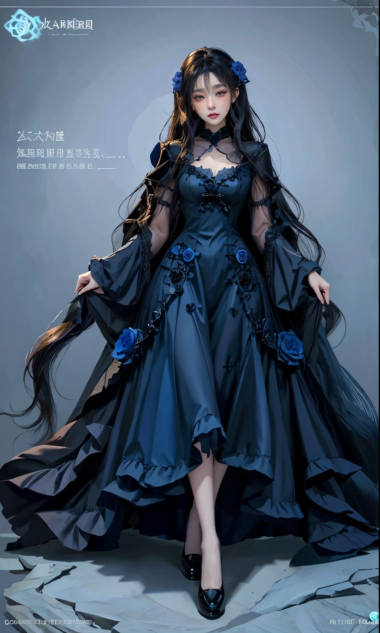 woman in black dress, Cute girl in a beautiful dress, Beautiful full body concept art, Beautiful and charming woman, Woman full body art, guweiz, beautiful woman, Digital art on pixiv, Full body illustration, Kushat Krenz Key Art Women, full body xianxia, Delicate face Gorgeous face Delicate face, Blue Rose Theme , Blue rose petals