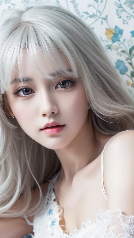 (Surreal), (figure), (High resolution), (8K), (Very detailed), (best figure), (Detailed and beautiful eyes), (highest quality), (Super detailed), (masterpiece), ( wallpaper), (Detailed face), alone, 1 girl, Wavy white hair, Korean, Different Eyes, Long legs, Toned Abs,