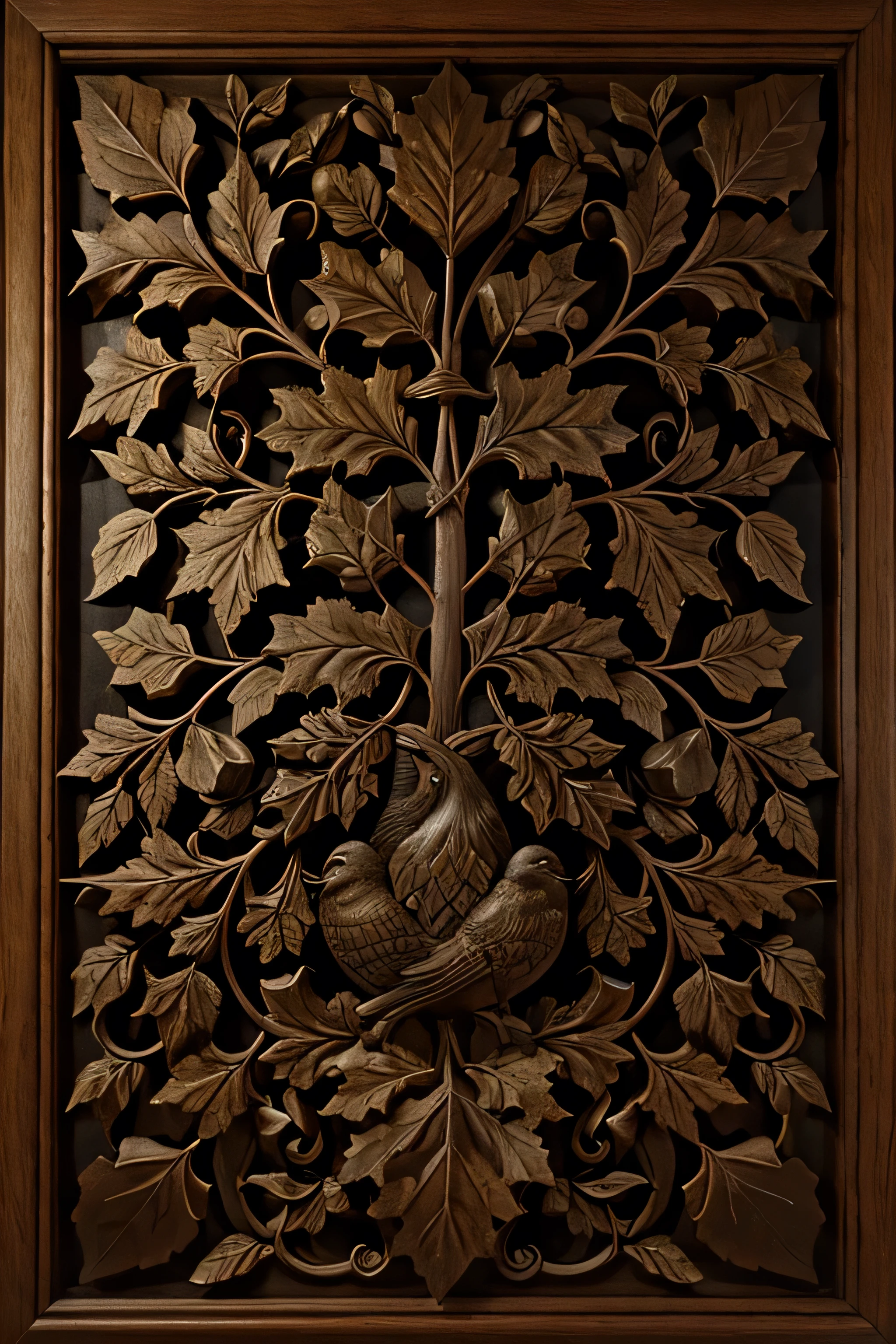 decorative, bas relief black oak leaves, high detail, renaissance, floral, composition , many leaves close together one branch, oversized leaves with small bird hidden in the leaves, center composition bigger leaves, small birds added