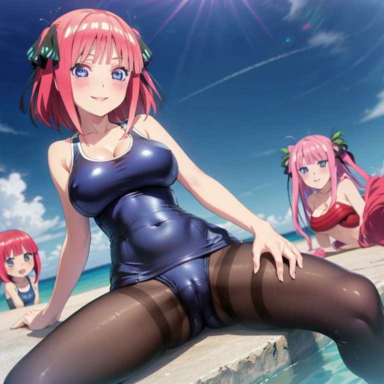 best quality, ultra-detailed masterpiece, anime art style, cute characters, nino nakano, one-piece swimsuit, large breasts, pantyhose, blush, smile, pussy focus