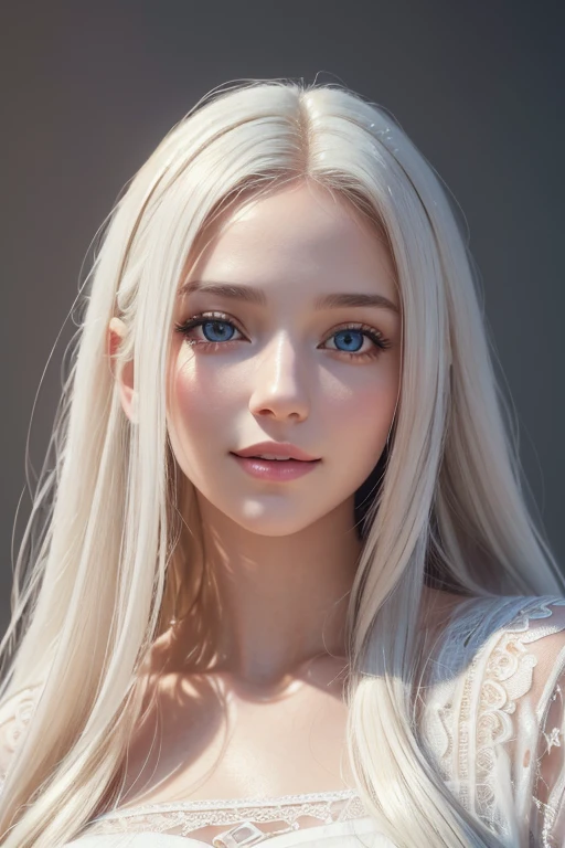 (best quality,4k,8k,highres,masterpiece:1.2),ultra-detailed,(realistic,photorealistic,photo-realistic:1.37),woman,white dress,white long hair,beautiful detailed eyes,beautiful detailed lips,radiant smile,soft ethereal lighting,vivid colors,subtle pastel palette,portrait style,serene atmosphere