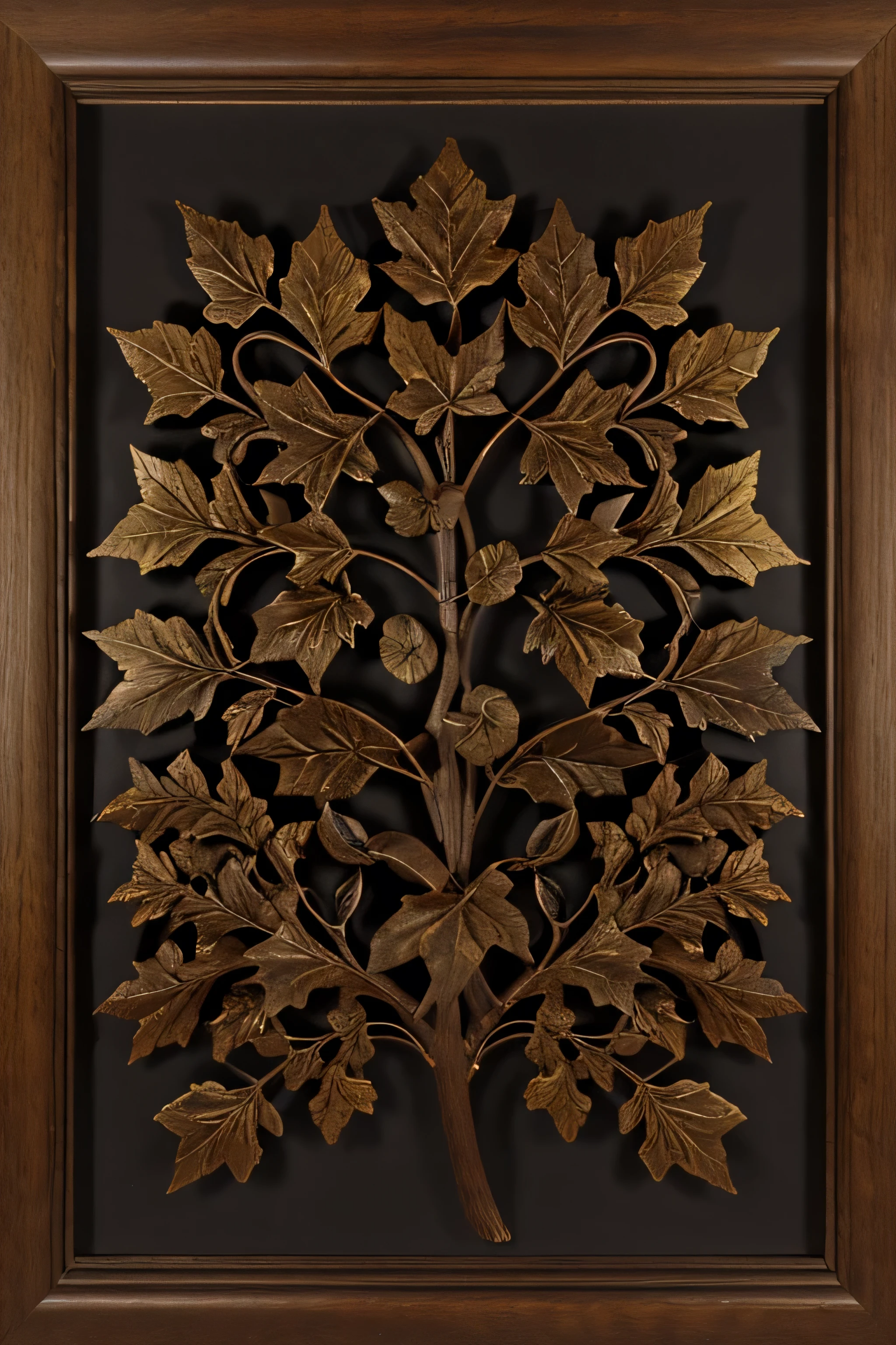 decorative, bas relief black oak leaves, high detail, renaissance, floral, composition , many leaves close together one branch, oversized leaves with small bird hidden in the leaves, center composition bigger leaves, small birds added