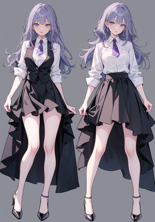 ((Perfect Face)),Purple Hair,voluminous long hair,Adult female,bartender,suit,Black vest,((A shirt with rolled up sleeves)),tie,skirt,slit,High heels,,((Simple Background)),smile,((Full Body)),((full body)),Character portrait,virtual,upright,,Both arms are down,Standing upright,