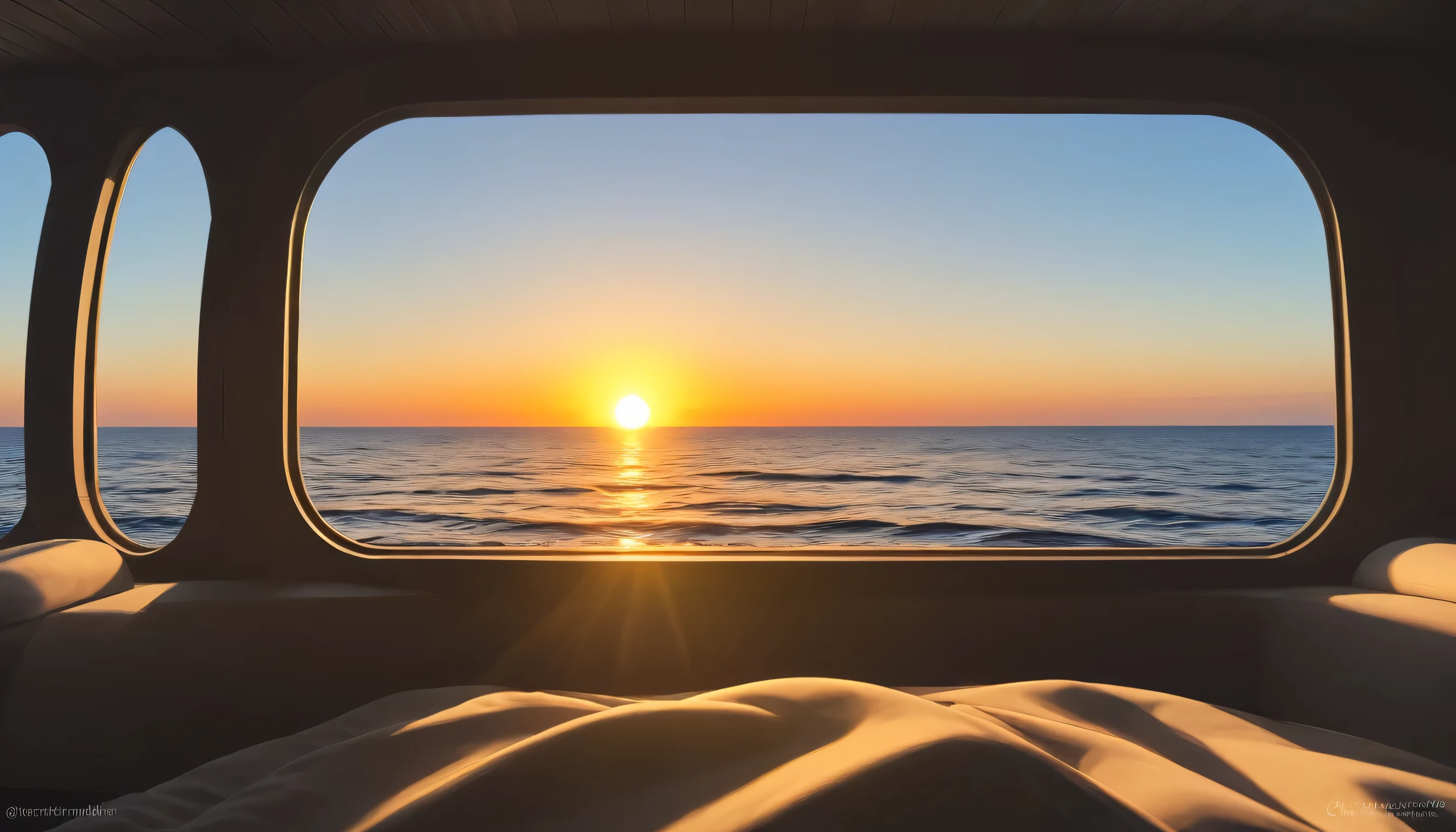 Detailed maritime sunrise over the curve of the Earth, POV perspective, looking out the ship window, morning, cinematic lighting, Canon r6, 24mm wide view, realistic, 16k