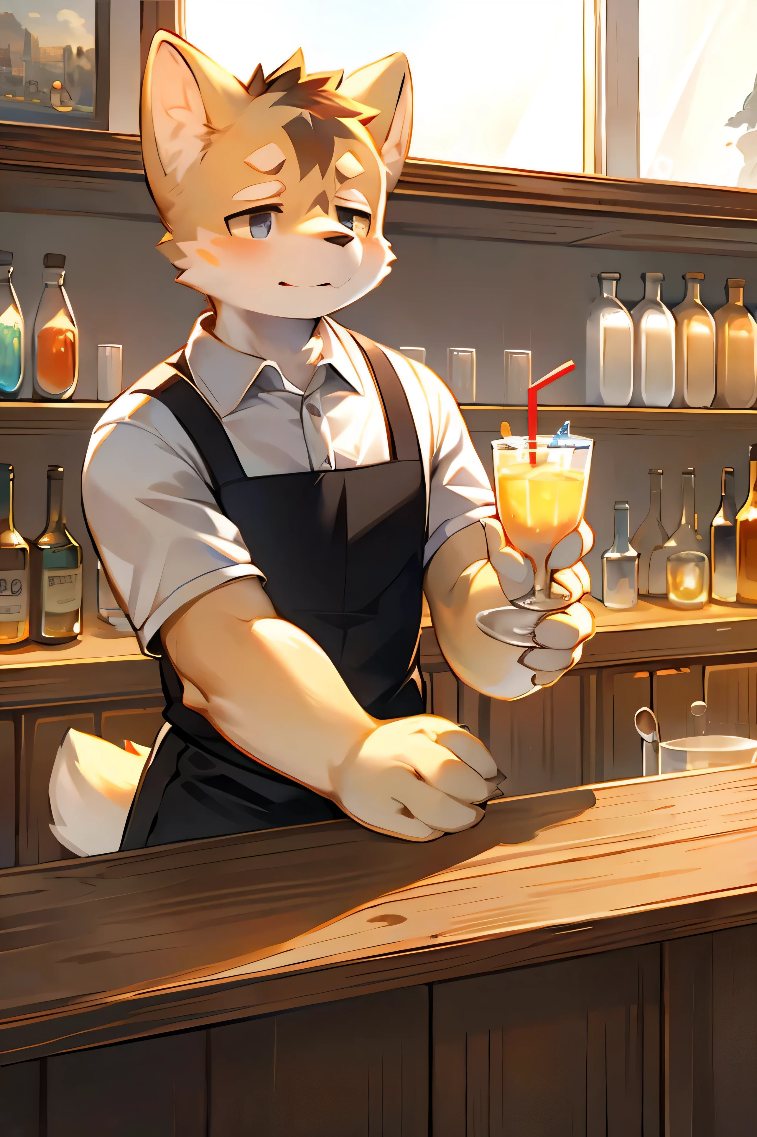 Big watery eyes,Warm island atmosphere,More soft details and shadow corgi waiter:1.1),A large glass of iced lemonade,inside the spanish bar. spanish bar,There is a wooden counter on the left, There'There's an open door in the back, There is also the scenery of the Spanish Islands outside the door.(Spanish Island Style:1.1),Solitary, cannon, ,(In a spanish style bar:1.1),(sexy waiter:1.1),(male,Boys,Toddler,baby doll),holding a tray in one hand,A glass of lemonade and orange jelly on a tray. masterpiece, best quality, Perfect anatomical structure, , author:Milk Tiger 1145, author:Briton
