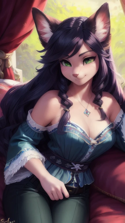 A beautiful and detailed (sweet portrait) von ((Kristal)), Sternenfuchs Kristal, Schlank, liebenswert, green eyes, medium breasts, (((Lange blaue Haare 1.3))), Dekollete, Grinsen, hoch schauen,, anthro, Pelzig, Hochgeladen E621, detailed flauschige fur, (von Fluff-Kevlar, Bayard Wu, personalami, Pino Daeni), detailliertes Gesicht, (flauschige), 1 girl, Allein, auf einem bett liegend, alltagskleidung, heller pullover 1.3, schwarze hose, fernsehen