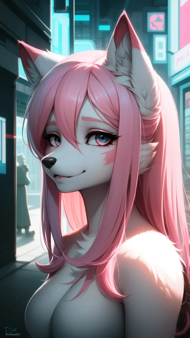 Cyberpunk fox, Beautiful light and shadow on a beautiful face with light pink hair、Ambientebeleuchtung am Strand、Ultra-fine fur、Das volumetrische Licht ist sehr detailliert，Furry art of the highest quality