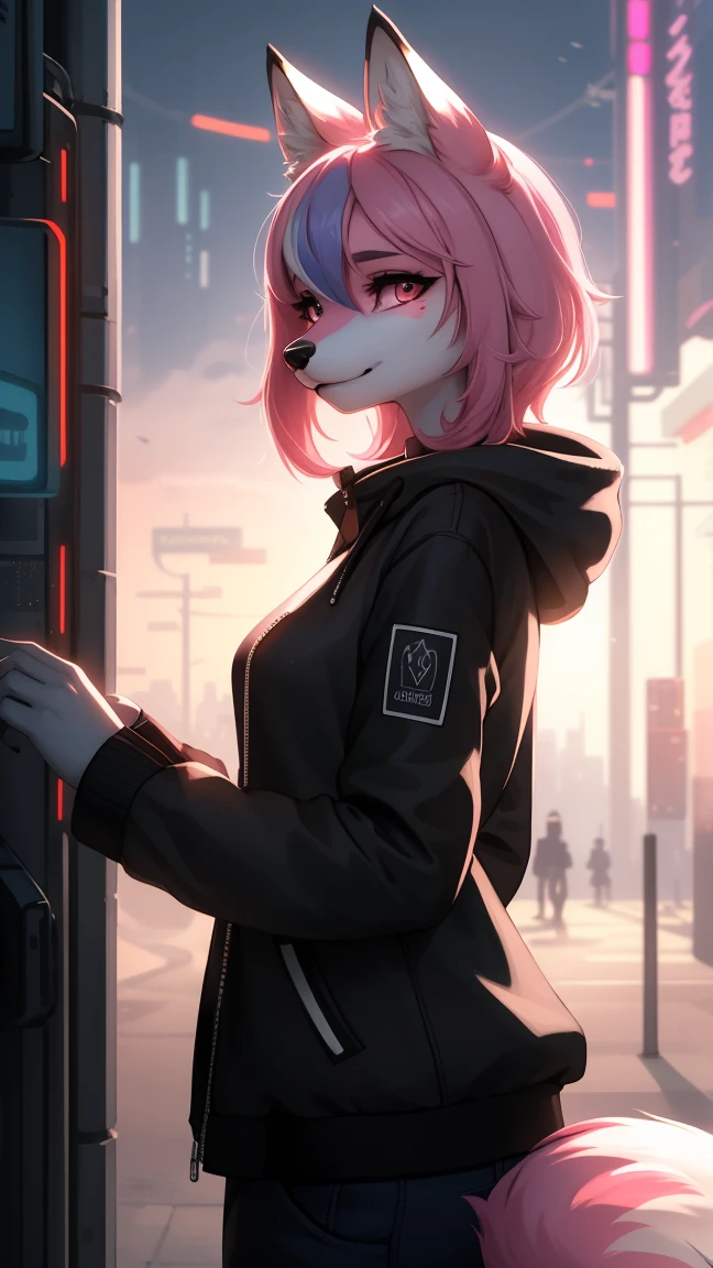 Cyberpunk fox, Beautiful light and shadow on a beautiful face with light pink hair、Ambientebeleuchtung am Strand、Ultra-fine fur、Das volumetrische Licht ist sehr detailliert，Furry art of the highest quality