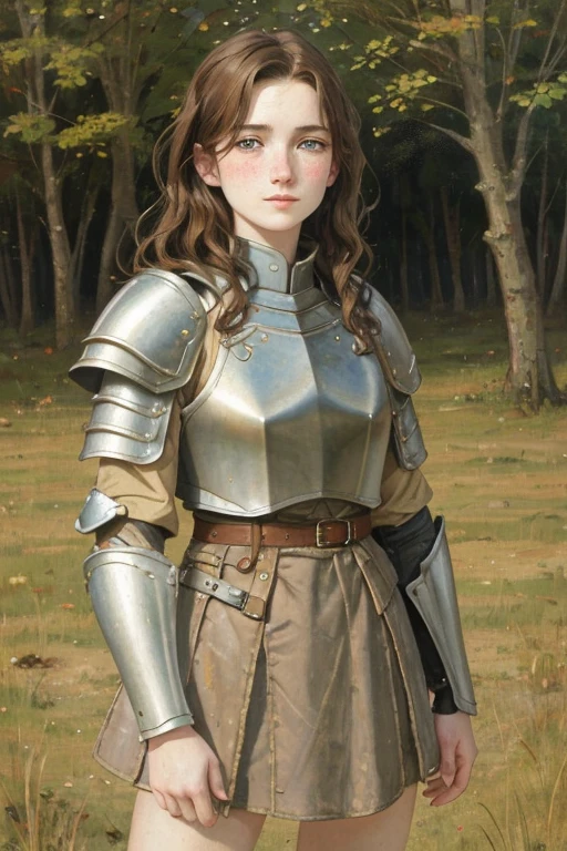 beautiful teenage girl, short wavy brown hair, Rough, pale skin, freckles. goddess, Padded Armor, Cloth armor, Baggy shirt, Baggy jacket, Gambeson, Quilted Armor,armor with short skirt, blush, highest quality, oil painting, painting, classical painting,on the field, masterpiece, border militia, middle-aged,