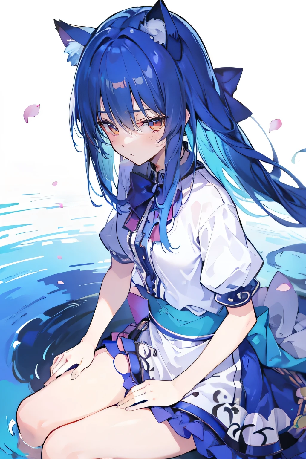 (masterpiece:1.2),ultra-detailed,realistic,expressive eyes,fair-skinned,perfectly shaped face,1girl,
Japanese cartoons,Gorgeous blue hair, flowing blue hair,floating clothes,cat ears,petals falling,beautiful Lola,Hina Angel,
hands on waist,gracefully sitting on the ground,legs crossed,gentle and serene background,cool and comfortable pavilion,night ,