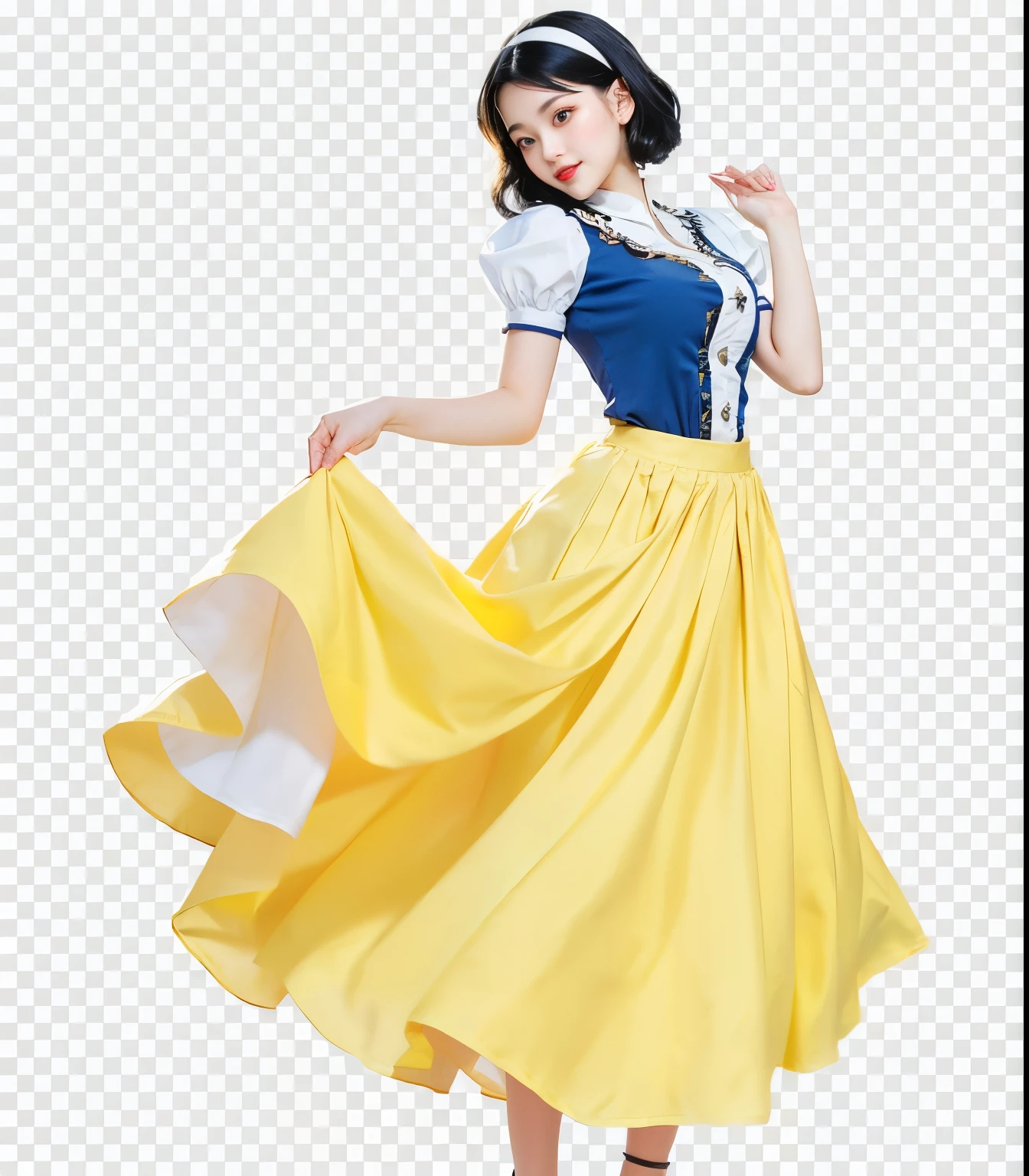 Snow White, black-haired girl wearing a yellow skirt Blue shirt, red pattern