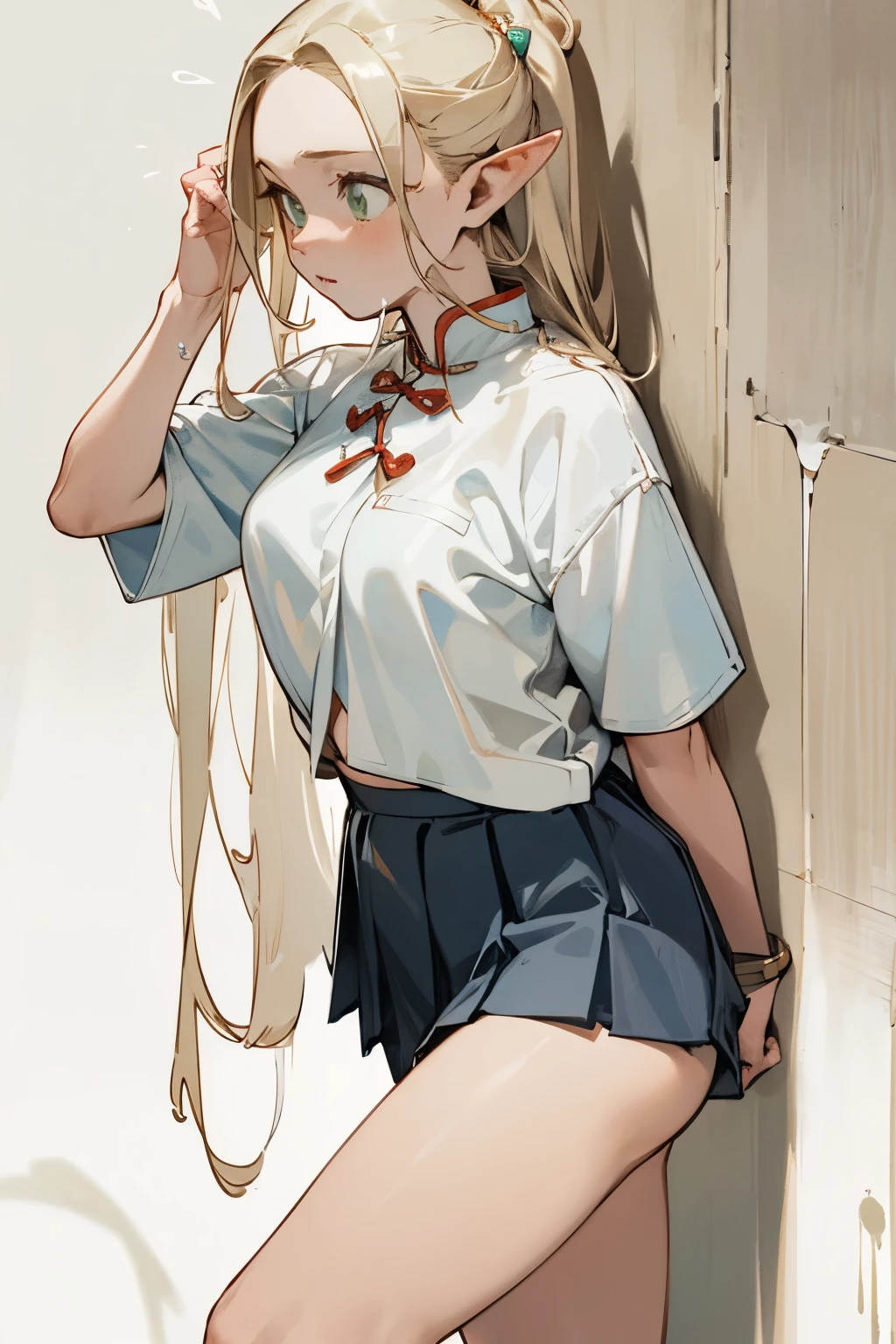 (masterpiece, best quality) detailed,silver accessories , Blonde ,elegant, Pointed ears ,Chinese element pattern,White shirt,Bikini,Pleated Skirt,Water leaking in the thighs,hang up