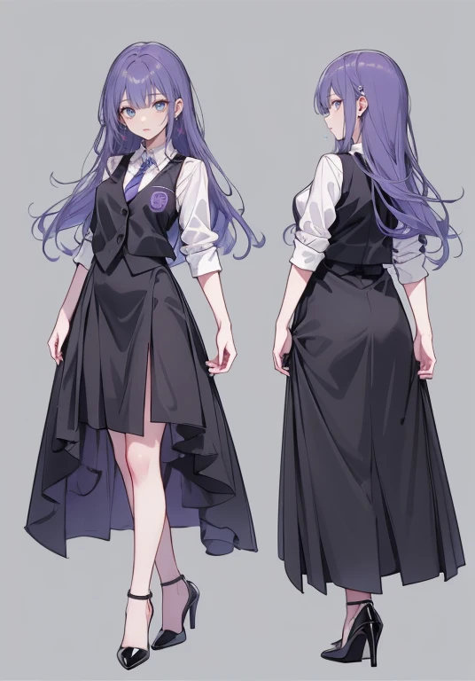 ((Perfect Face)),Purple Hair,voluminous long hair,Adult female,bartender,suit,Black vest,((A shirt with rolled up sleeves)),tie,skirt,slit,High heels,,((Simple Background)),smile,((Full Body)),((full body)),Character portrait,virtual,upright,,Both arms are down,Standing upright,
