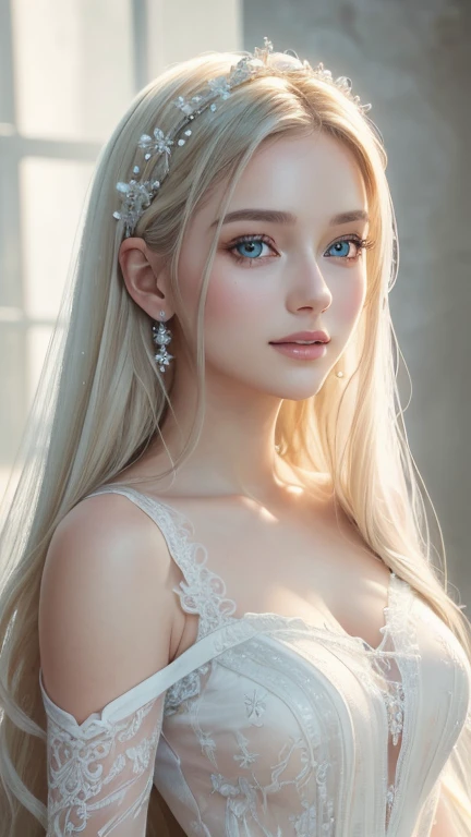 (best quality,4k,8k,highres,masterpiece:1.2),ultra-detailed,(realistic,photorealistic,photo-realistic:1.37),woman,white dress,white long hair,beautiful detailed eyes,beautiful detailed lips,radiant smile,soft ethereal lighting,vivid colors,subtle pastel palette,portrait style,serene atmosphere