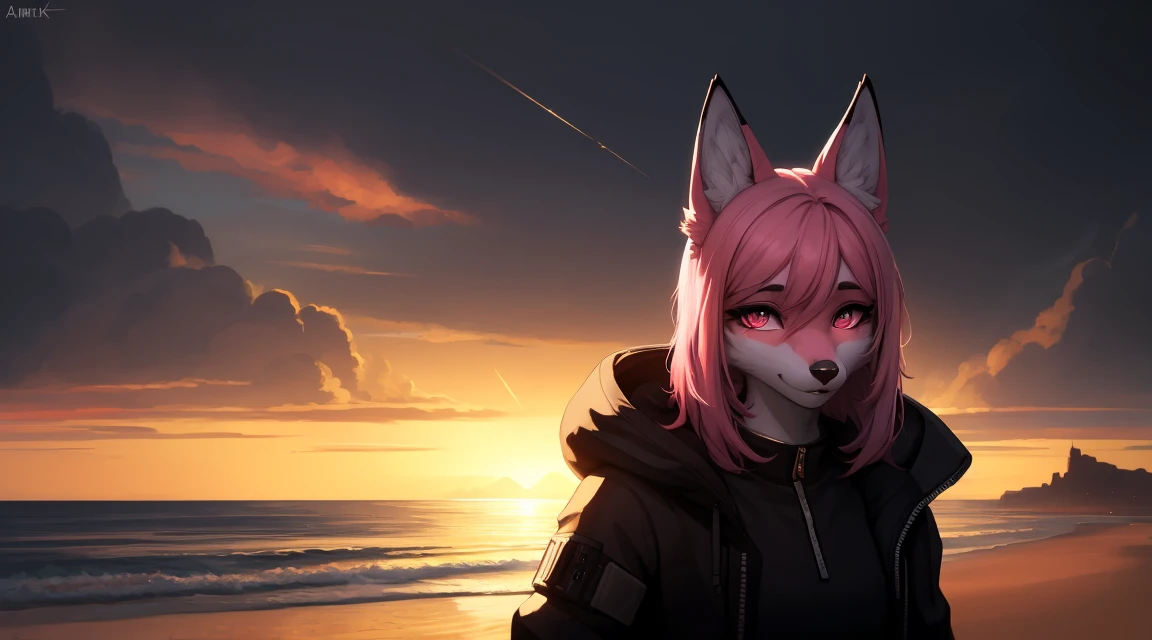 Cyberpunk fox, Beautiful light and shadow on a beautiful face with light pink hair、Ambientebeleuchtung am Strand、Ultra-fine fur、Das volumetrische Licht ist sehr detailliert，Furry art of the highest quality, nackt, 