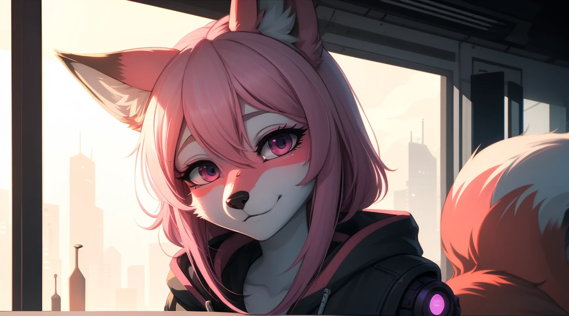 Cyberpunk fox, Beautiful light and shadow on a beautiful face with light pink hair、Ambientebeleuchtung am Strand、Ultra-fine fur、Das volumetrische Licht ist sehr detailliert，Furry art of the highest quality, nackt, 