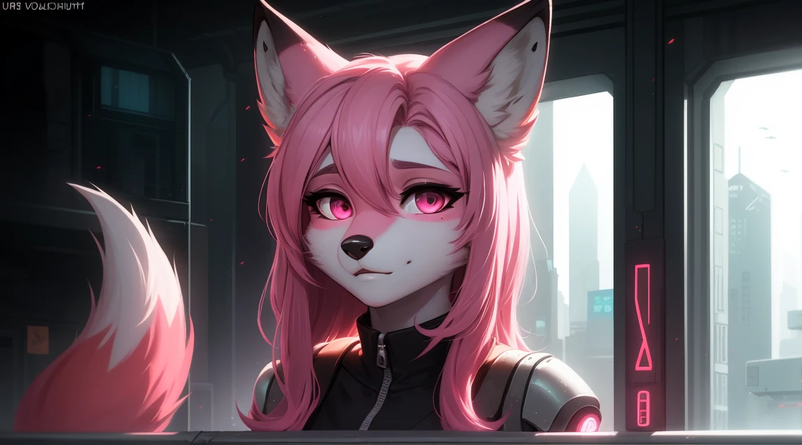 Cyberpunk fox, Beautiful light and shadow on a beautiful face with light pink hair、Ambientebeleuchtung am Strand、Ultra-fine fur、Das volumetrische Licht ist sehr detailliert，Furry art of the highest quality, nackt, 