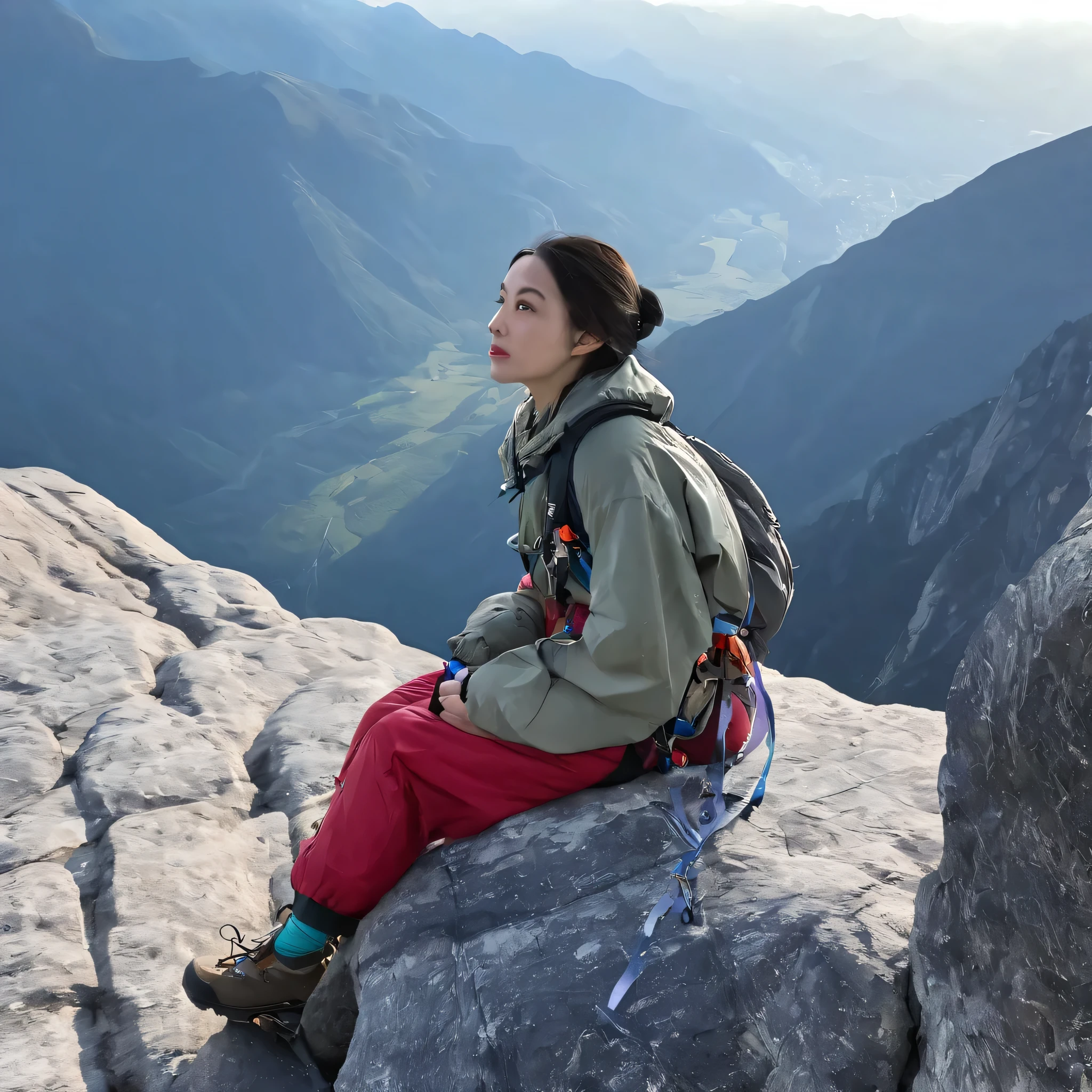 Sure, here's a description of the scene featuring a girl sit on the rock in mountaineering attire at the summit of a mountain, gazing into the distance