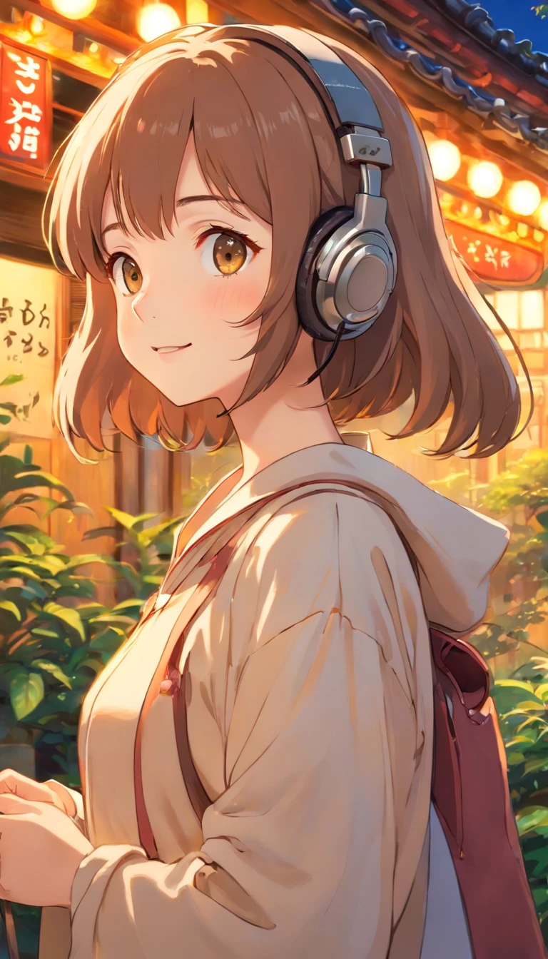 (One Girl:1.4), very cute, Great face and eyes、Beautiful lovely smile), (Very detailed美しい顔), bright shining lips, (Headphones、profile:1.3), (highest quality:1.4), (super high quality), (Very detailed), (Surreal, Realistic:1.37), Real skin texture, Intricate details, Very detailed CG 統合 8k 壁紙, RAW Photos, Professional photography, Cinema Lighting, Expose、Wonderful Tokyo、garden、Late Night、calm down、(City Pop、Retro、Sepia 1.3)、Listen to music while walking,Oil paint、whole body