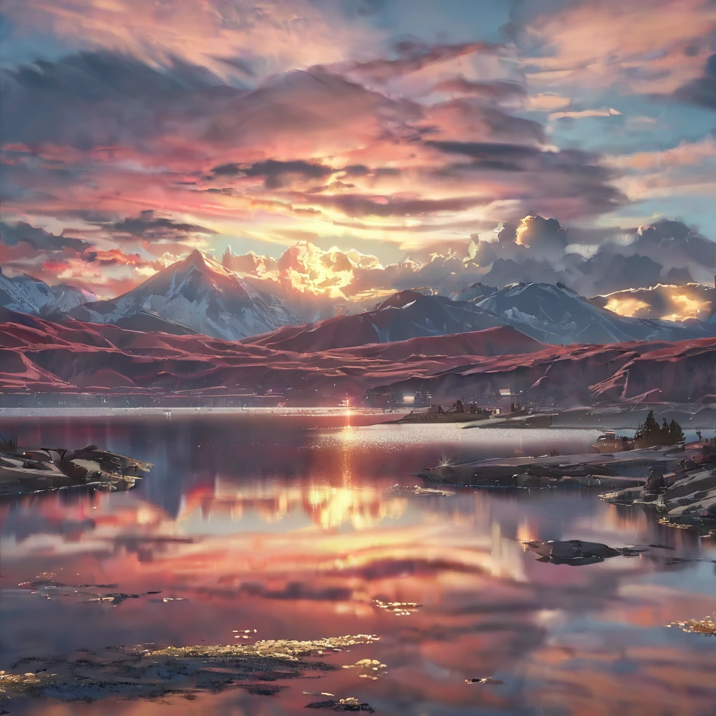 Dreamy landscape, cloud, light piercing through the cloud, Reflection on the surface of the water, Calm lake surface, Quiet atmosphere, Richness in details, Surreal beauty, Magical Aura, Fantasy Landscape, High quality digital art, Vibrant colors, Fantastic lighting, Enchanting atmosphere, artistic expression, Otherworldly feeling, Beautiful brushwork, Surrealism, Photorealistic elements, Magnificent View, Peaceful tranquility, Immersive Experience, Breathtaking views, Picturesque views, Mysterious charm, Mysterious atmosphere, Nuances, A magical dream.