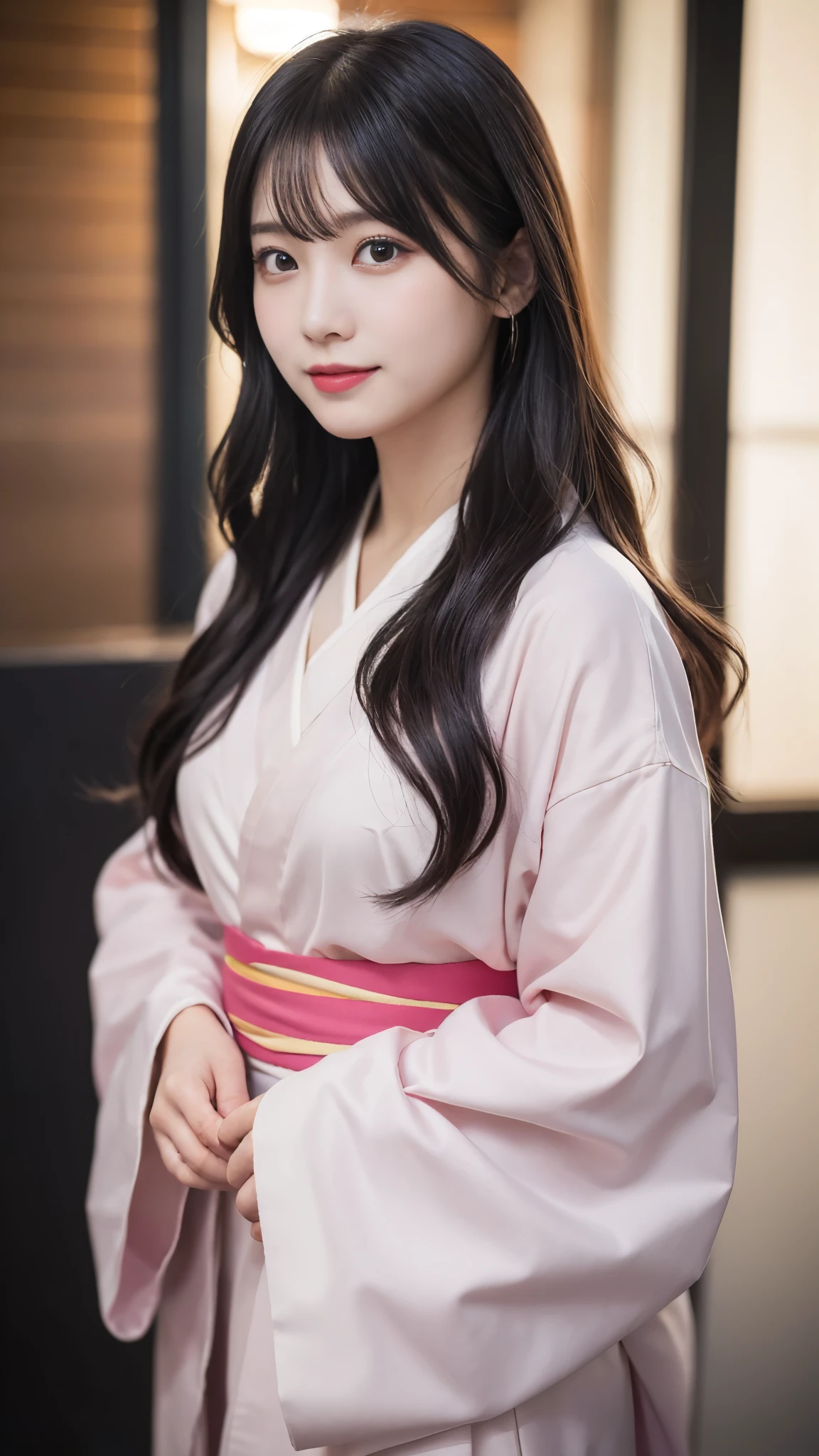 masterpiece, (Realistic:1.5), Realistic eyes, Asian woman, highest quality, Beautiful lighting, Professional Lighting, Photon Mapping, Radio City, Physically Based Rendering,, Kamado Nezuko, One girl, Black Hair, amount, hair ribbon, kimono, kimono, Long Hair, Multicolored Hair, Open your mouth, Pink Eyes, pink kimono, pink ribbon, ribbon, smile, very Long Hair, null, ((Old age)),, (RAW Photos, 8K Ultra HD, Film Grain)