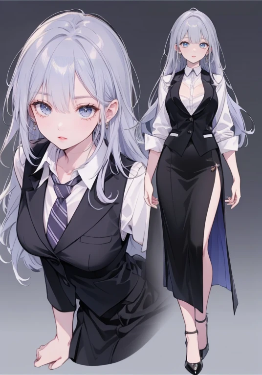 ((Perfect Face)),Purple Hair,voluminous long hair,Adult female,bartender,suit,Black vest,((A shirt with rolled up sleeves)),tie,skirt,slit,High heels,,((Simple Background)),smile,((Full Body)),((full body)),Character portrait,virtual,upright,,Both arms are down,Standing upright,