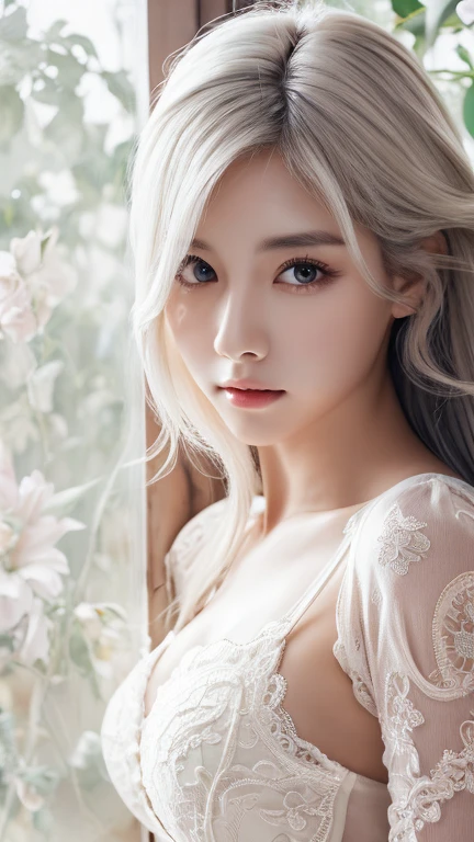 (Surreal), (figure), (High resolution), (8K), (Very detailed), (best figure), (Detailed and beautiful eyes), (highest quality), (Super detailed), (masterpiece), ( wallpaper), (Detailed face), alone, 1 girl, Wavy white hair, Korean, Different Eyes, Long legs, Toned Abs,
