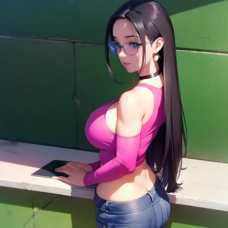 masterpiece, best quality, high resolution, UHD, pixel perfect, depth of field, 32k, cowboy shot, anime style, sharp, Beauty of perfect body, shadow realistic perfect body, BREAK, 1 girl, girl style anime, shiny skin, rounded eyes, beautiful eyelashes, realistic eyes , ((wearing black glasses)), medium breasts, black hair, long hair, shiny hair, wearing tight jeans, sexy jeans, BREAK, purple sports jacket, with a long-sleeved pink blouse, wearing gold earrings, wearing a black choker, perfect round buttocks, BREAK, (view back:1.2), (From bottom :1.2) rest standing and writting in a blackboard equations.