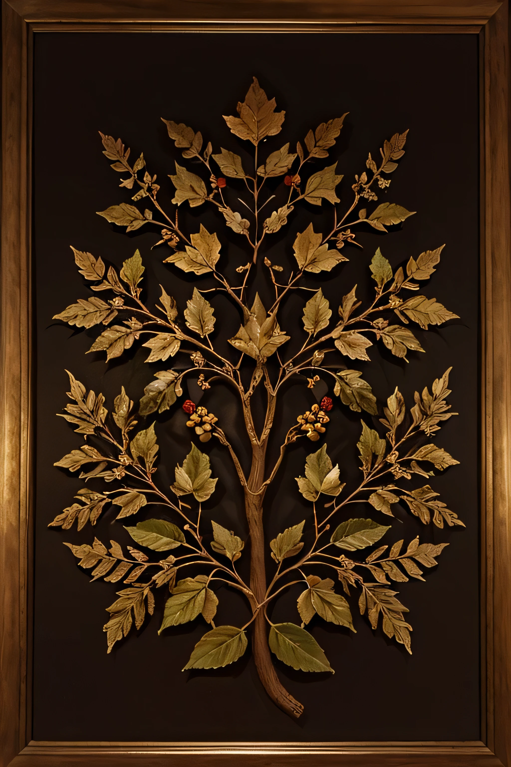 decorative, bas relief treevleaves and berries, high detail, renaissance, floral, composition , many leaves close together one branch, oversized leaves with small bird hidden in the leaves, center composition bigger leaves, small seperated birds added