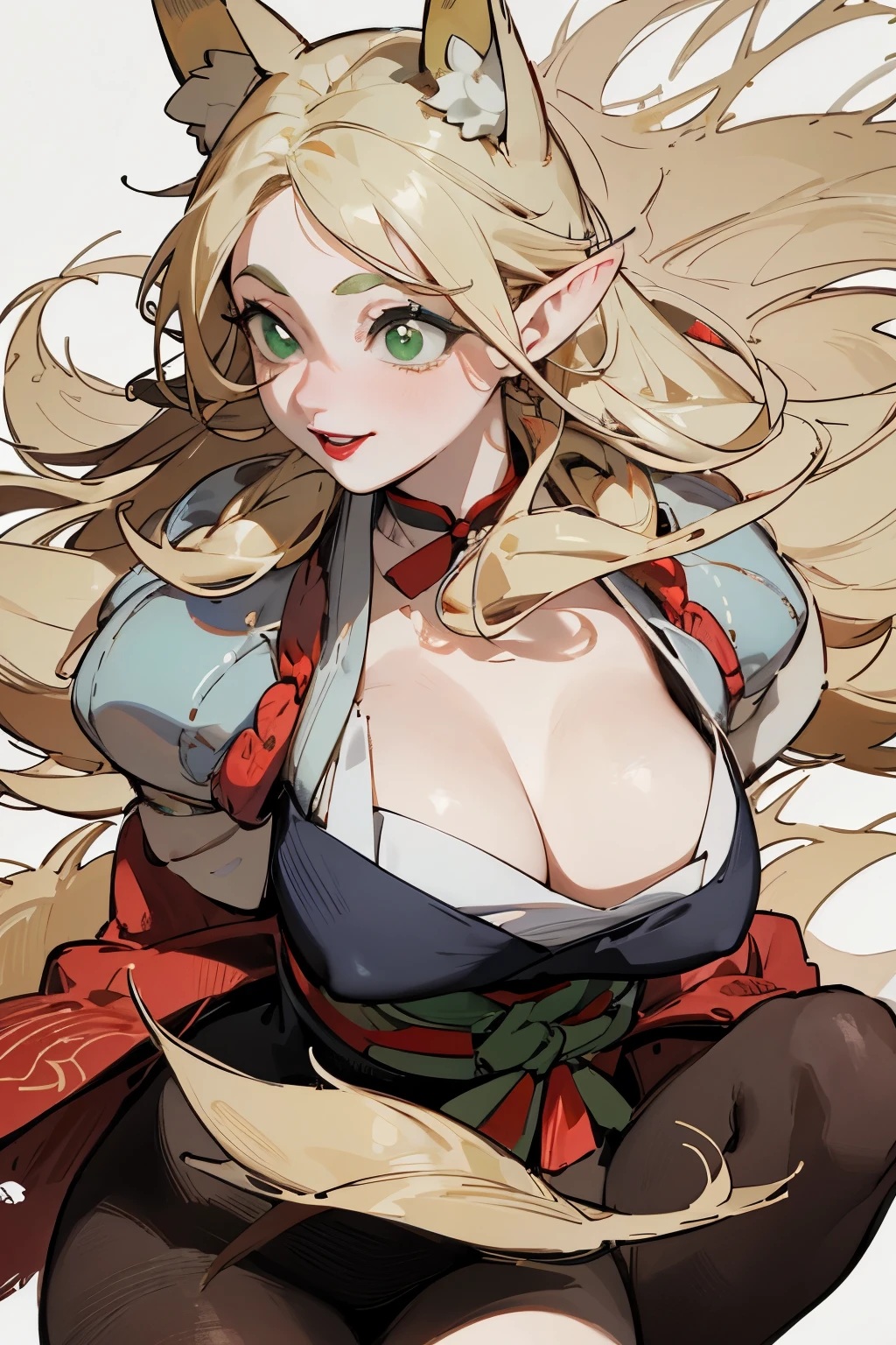 solitary,  (Fox ears), Exquisite eyes, blond，Facial details, Green Eyes, Red Eyeshadow, red lips,  Fake laugh, Ukiyo-e, masterpiece, high quality, at the lowest limit, Large Breasts，Black pantyhose