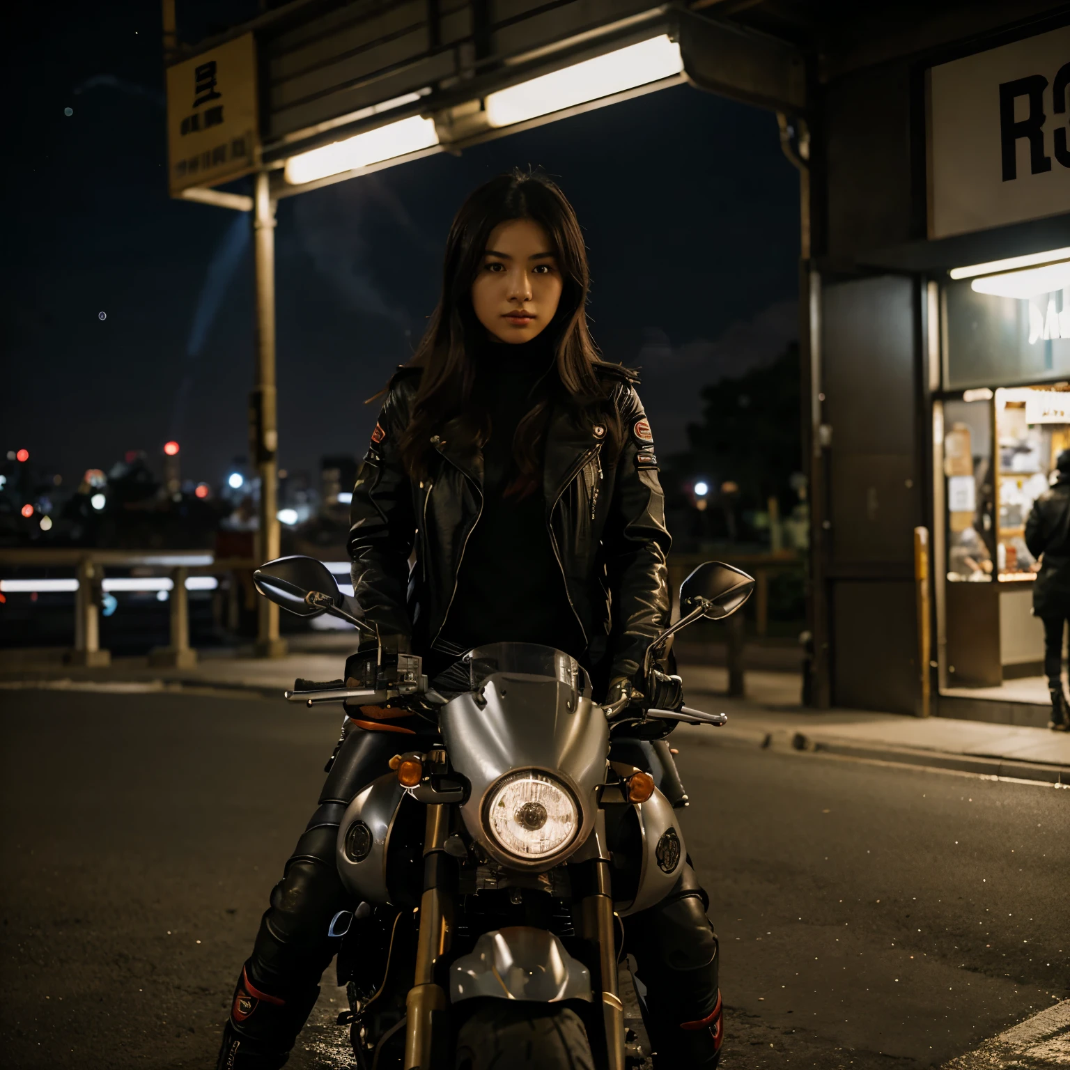 garota japonesa com roupa de motoqueiro ao lado da moto, smoking a cigarette in the moonlight and city lights at night
