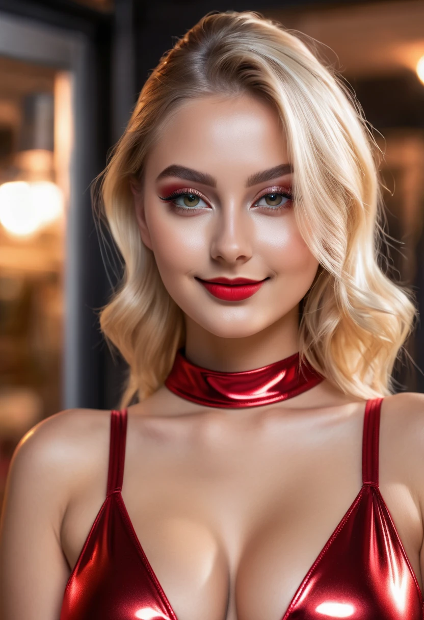 hyperrealistic beautiful busty 18-year-old women in ultra shiny metallic red jumpsuit, model shooting full body photography, dyed blonde low bun, dark eye makeup with eyeliner, seductive smile, 8K, best quality, Meisterwerk, ultra high resolution, (Realismus: 1.4), Originalfoto, (realistische Hautstruktur: 1.3), (Filmkorn: 1.3), (Selfie-Winkel), 1 girl, Beautiful eyes and facial details, Meisterwerk, best quality