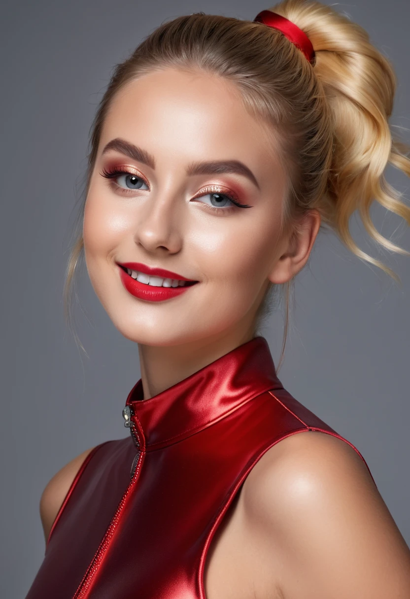 hyperrealistic beautiful busty 18-year-old women in ultra shiny metallic red jumpsuit, model shooting full body photography, dyed blonde low bun, dark eye makeup with eyeliner, seductive smile, 8K, best quality, Meisterwerk, ultra high resolution, (Realismus: 1.4), Originalfoto, (realistische Hautstruktur: 1.3), (Filmkorn: 1.3), (Selfie-Winkel), 1 girl, Beautiful eyes and facial details, Meisterwerk, best quality