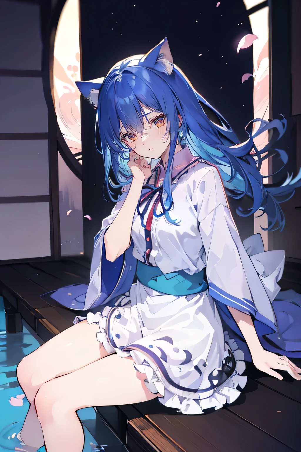 (masterpiece:1.2),ultra-detailed,realistic,expressive eyes,fair-skinned,perfectly shaped face,1girl,
Japanese cartoons,Gorgeous blue hair, flowing blue hair,floating clothes,cat ears,petals falling,beautiful Lola,Hina Angel,
hands on waist,gracefully sitting on the ground,legs crossed,gentle and serene background,cool and comfortable pavilion,night ,