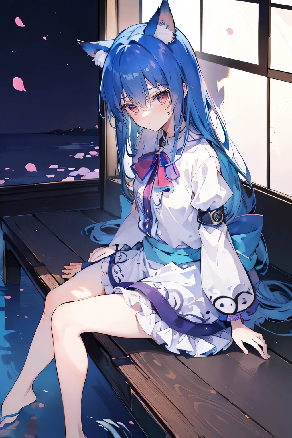 (masterpiece:1.2),ultra-detailed,realistic,expressive eyes,fair-skinned,perfectly shaped face,1girl,
Japanese cartoons,Gorgeous blue hair, flowing blue hair,floating clothes,cat ears,petals falling,beautiful Lola,Hina Angel,
hands on waist,gracefully sitting on the ground,legs crossed,gentle and serene background,cool and comfortable pavilion,night ,