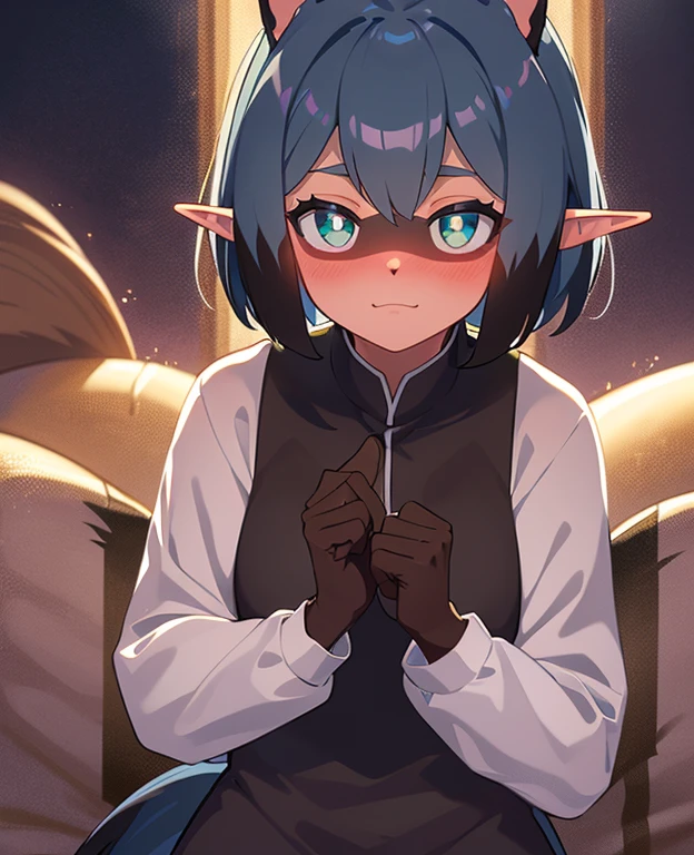 Meisterwerk, best quality, evangelineold, 1 girl, black Handschuhe, blondes Haar, blush, elf, fingerless Handschuhe, Handschuhe, green eyes, spitze Ohren, kurzes Haar, Allein, with big eyes, schockiert, offener Mund, outside