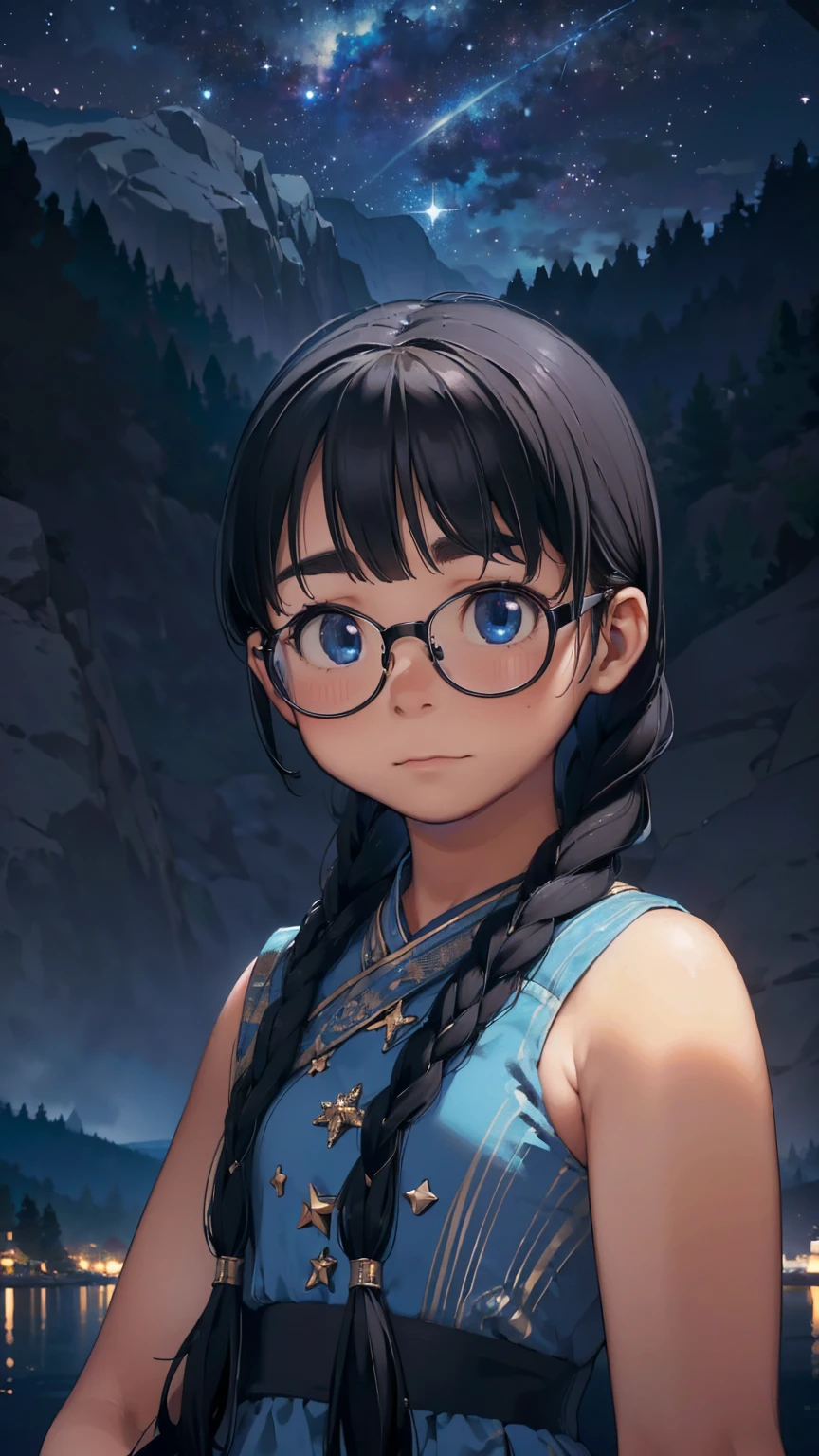 8K quality,(super masterpiece:1.3),highest quality,Detailed Images,1 female,symmetrical beauty,20th Generation,Medium build(Black Hair,Curly Hair,With bangs,Two braids),(Thick eyebrows,Thick eyebrows),(Rimless Glasses,Thin-rimmed glasses,Small glasses),(Blue Eyes,blue eyes),(Fantastic night sky background,Star of the sky,Lake at night,Lake at night畔),(Face directly towards the camera,Looking directly at the viewer,looking at the camera,The body faces the viewer,The body is facing the direction of the camera,Face looking straight into the camera).