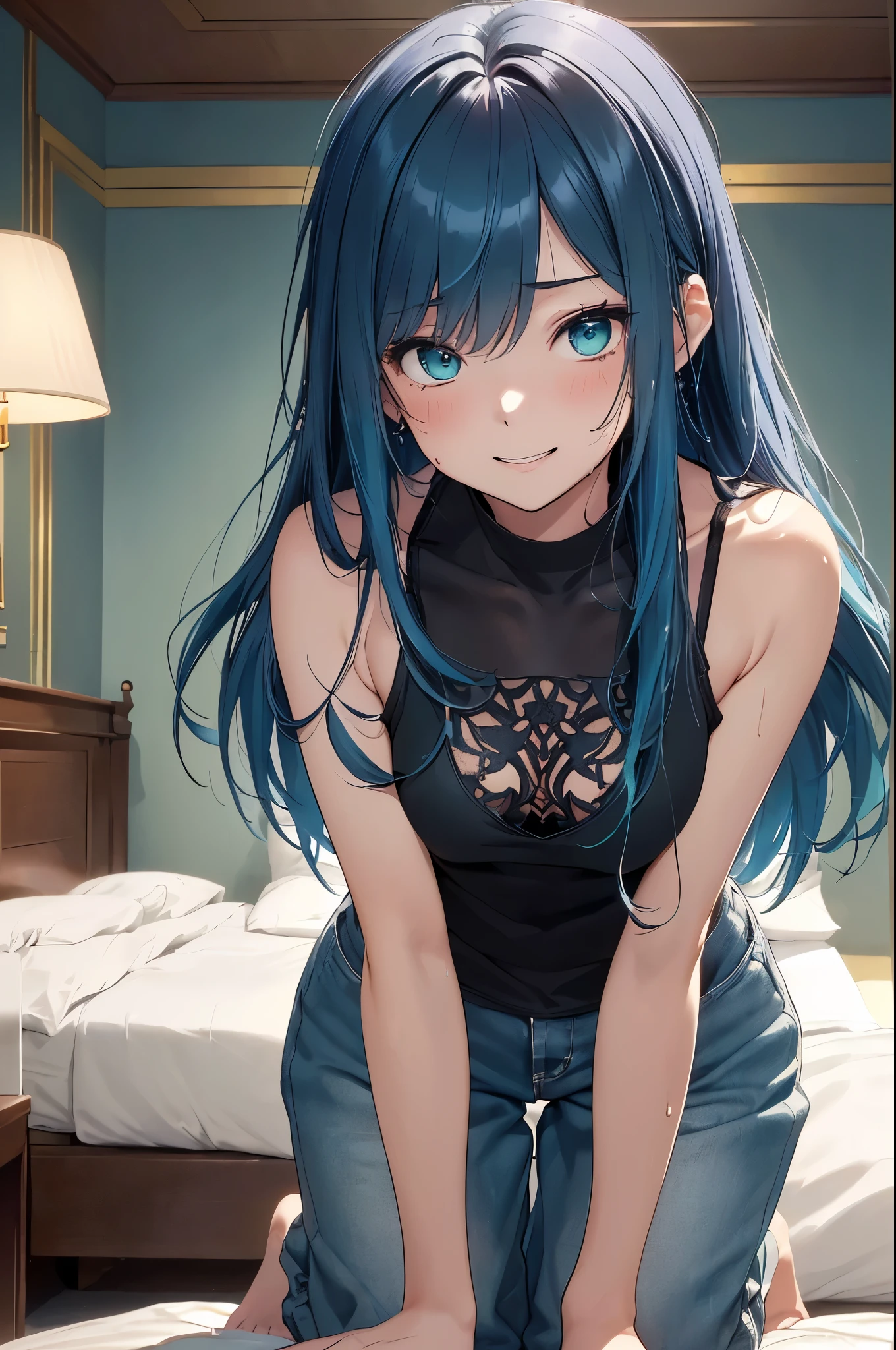top-quality、Top image quality、masterpiece、teens girl((sixteen years old,My whole body is full of wounds、Black tattered tank top,Tattered blue long pants、Best Bust、Bust 85、Light blue shiny hair、Longhaire,Blue-green eyes、open chest wide、Valley、Happiness、A slender、the whole body is wet、Falling to the floor、Kneeling、Leaning forward、Laugh、on the beds))hiquality、Beautiful Art、Background with((Nice hotel、a bed))、masutepiece、Elaborate design、visualart、Theatrical films