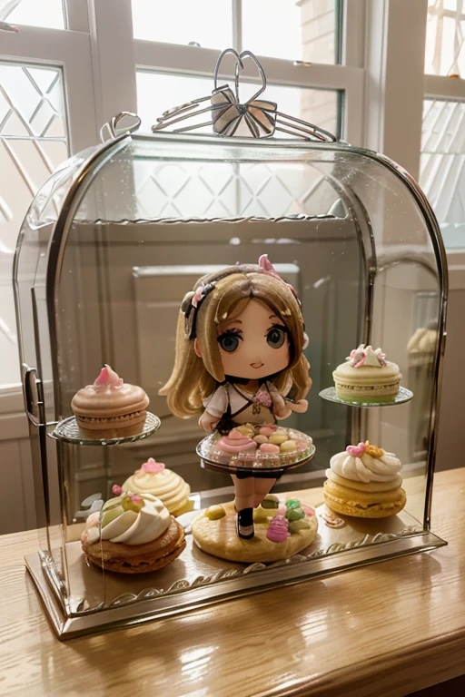 masterpiece, highly detailed, (chibi:1.3), , (1girl), blonde hair, pastel colors, cozy atmosphere, dessert display case, macarons, cupcakes, tarts, cakes, coffee machine, chalkboard menu, natural lighting, glass jars filled with candy, frosted window panes, decorative plates, whimsical decor, sugar sculptures,