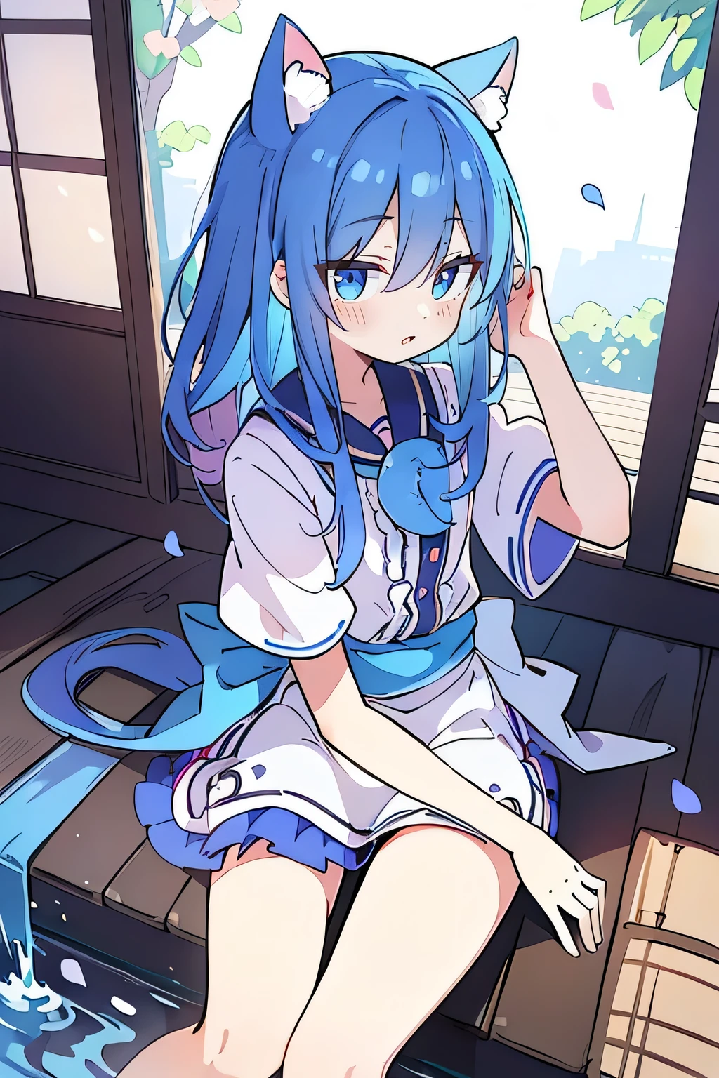 (masterpiece:1.2),ultra-detailed,realistic,expressive eyes,fair-skinned,perfectly shaped face,1girl,
Japanese cartoons,Gorgeous blue hair, flowing blue hair,floating clothes,cat ears,petals falling,beautiful Lola,Hina Angel,
hands on waist,gracefully sitting on the ground,legs crossed,gentle and serene background,cool and comfortable pavilion,night ,