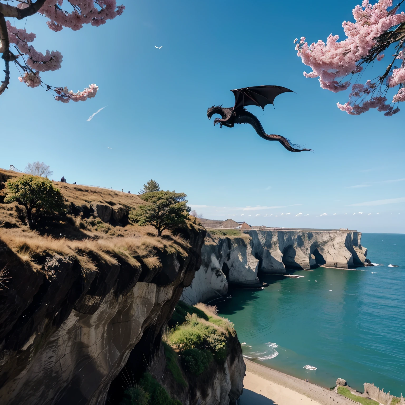 Can you create for me an image of a Black Dragon flying over a cliff leading to the sea where there would be a cherry tree and a weeping willow on the cliff. Merci