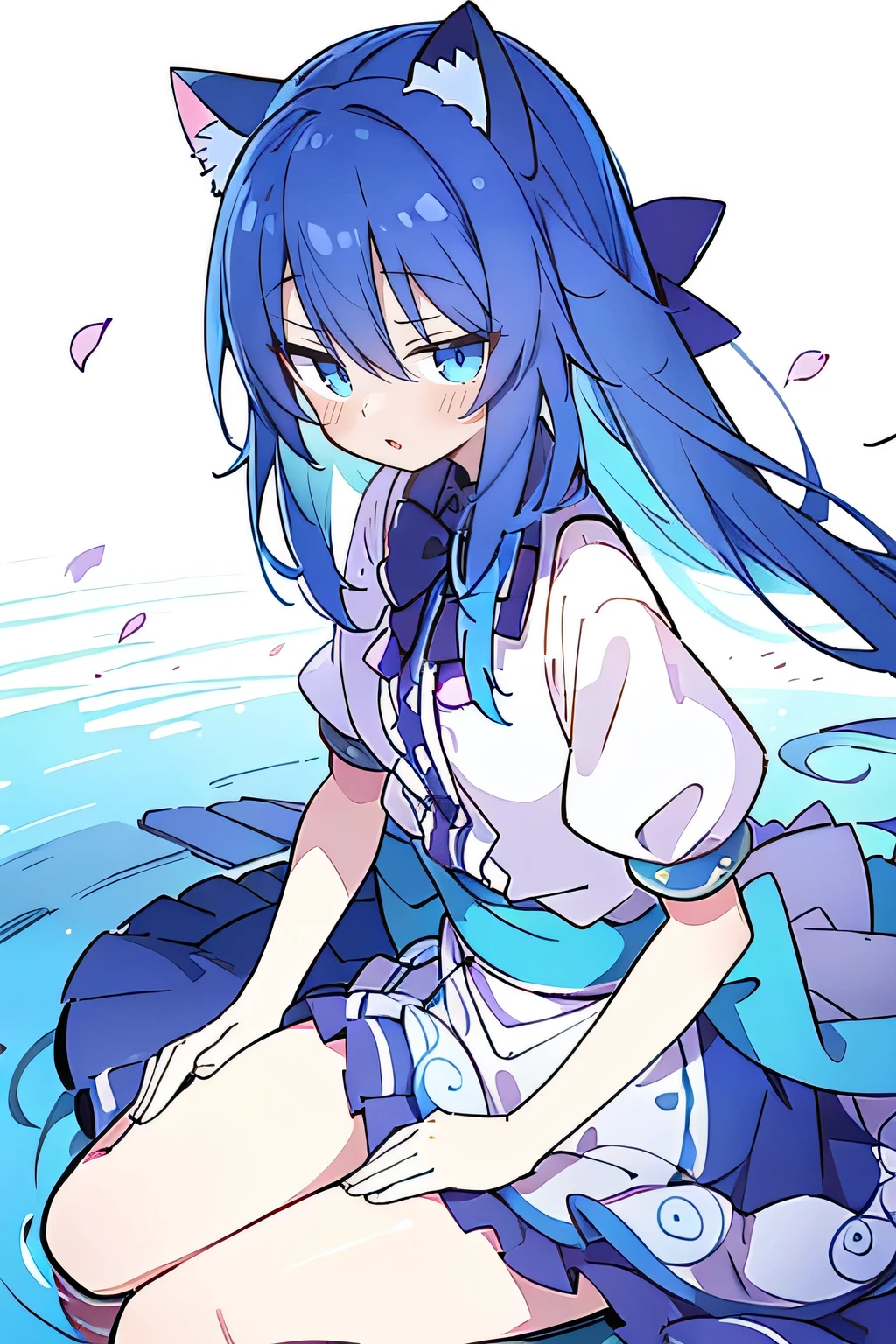 (masterpiece:1.2),ultra-detailed,realistic,expressive eyes,fair-skinned,perfectly shaped face,1girl,
Japanese cartoons,Gorgeous blue hair, flowing blue hair,floating clothes,cat ears,petals falling,beautiful Lola,Hina Angel,
hands on waist,gracefully sitting on the ground,legs crossed,gentle and serene background,cool and comfortable pavilion,night ,