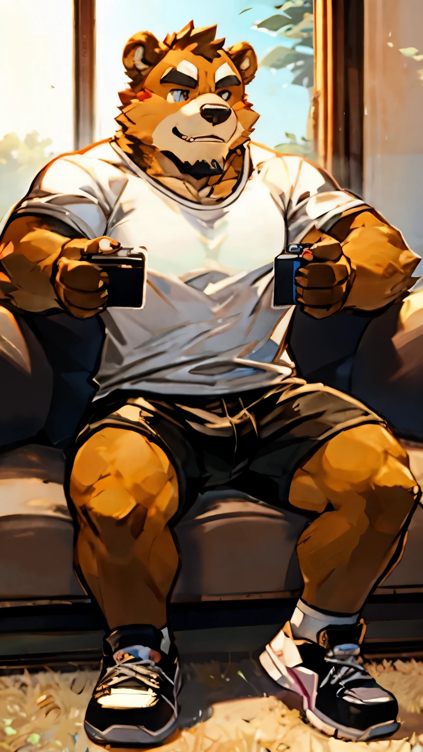 A brown bear orc,Furry Characters,White T-shirt,Black shorts,sports shoes,Brown fur,Sitting on the sofa,Playing games with two hands,Second Dimension,cute,bedroom。