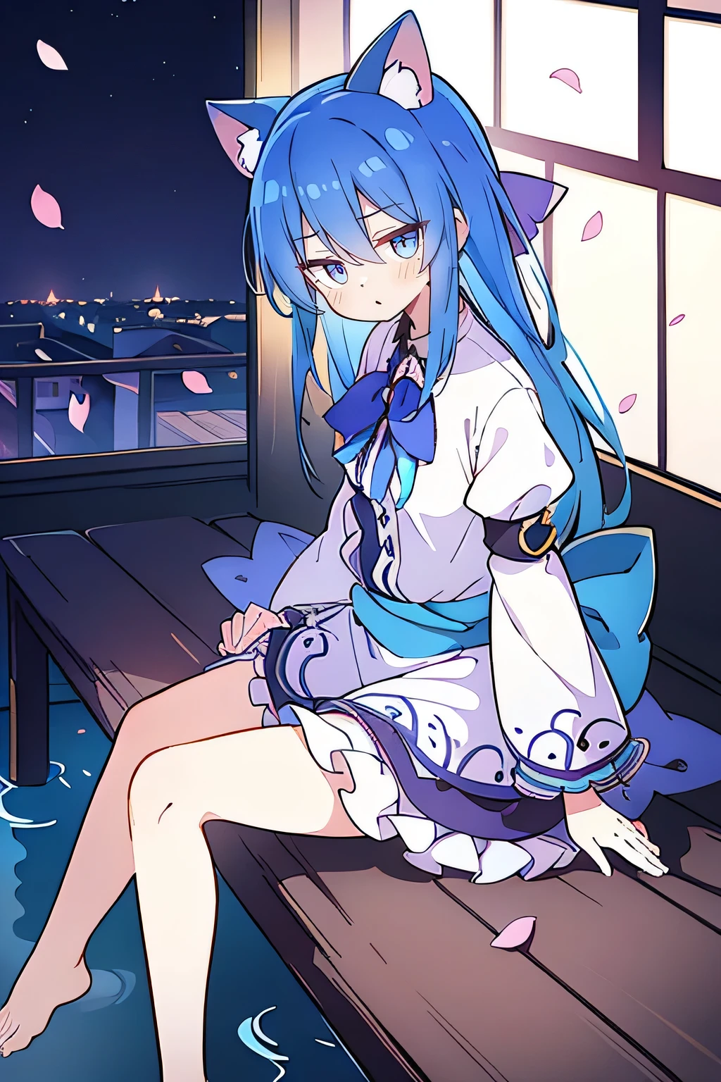 (masterpiece:1.2),ultra-detailed,realistic,expressive eyes,fair-skinned,perfectly shaped face,1girl,
Japanese cartoons,Gorgeous blue hair, flowing blue hair,floating clothes,cat ears,petals falling,beautiful Lola,Hina Angel,
hands on waist,gracefully sitting on the ground,legs crossed,gentle and serene background,cool and comfortable pavilion,night ,