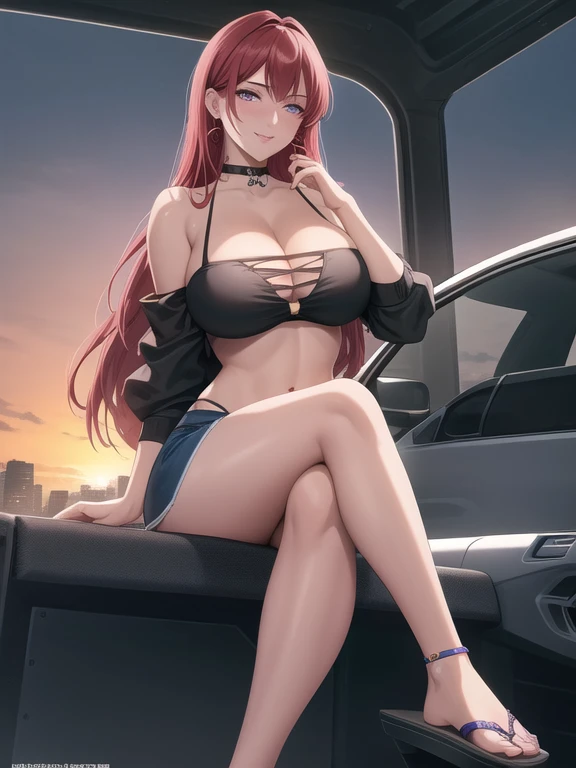 (high quality:1.2), masterpiece, ultra high quality, intricate detailed, digital art, TakashiroHiroko, 1girl, mature female, solo, hand on lips, crossed legs, seductive, tanned skin tone, full body shot, looking at viewer, smile, blush, purple eyes, long hair, red hair, long earrings, jewelry, velvet choker collar, lace off shoulder black crop top, blue denim micro mini skirt, flip flops, red eyeshadow, curvy, large breasts, cleavage, car wash , window, dark sky, sunlight, city, complex background, sunset, (Best quality, Ultra-detailed, Anime Pictures, Game CG, art cg, Photorealistic, Movie lighting, perfect shadow, realistic lighting shaded, Unity 8k wallpaper), Hiroko Takashiro, Perfect eyes, Perfect face, nose blush, detailed feet, view the viewer,Sexy pose, standing up,